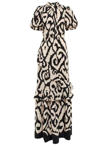 Niche 2025 Autumn New Scarf Neckline Short-Sleeved Lotus Side Splicing Print To Collect Waist Long Dress Dress Woman